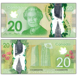 $20 2012 Bank of Canada Note FZK Prefix Lower Serial #590 BC-71b - AU