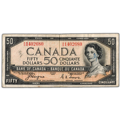 $50 1954 Bank of Canada Note Devil Face A/H Prefix BC-34a - Writing