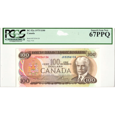 SOLD $100 1975 Bank of Canada Note Lawson-Bouey JC Prefix BC-52a - PCGS Gem UNC-67 PPQ