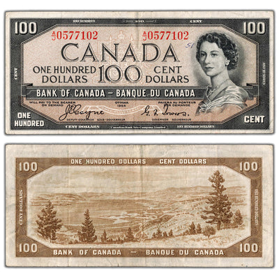 $100 1954 Bank of Canada Note Devil Face A/J Prefix BC-35a - VF (minor writing)