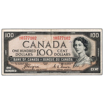 $100 1954 Bank of Canada Note Devil Face A/J Prefix BC-35a - VF (minor writing)