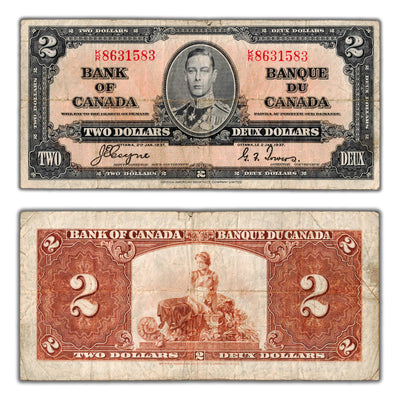 $2 1937 Bank of Canada Note Coyne-Towers K/R Prefix BC-22c - Fine (tear)