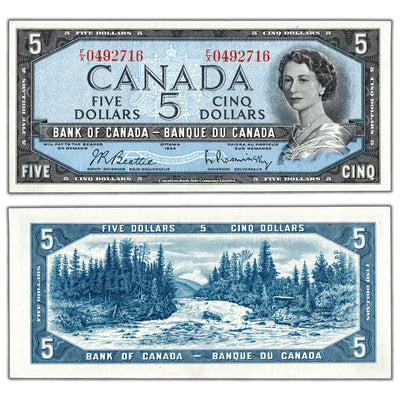 $5 1954 Bank of Canada Note Beattie-Rasminsky F/X Prefix BC-39b - Uncirculated