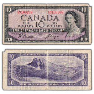 SOLD $10 1954 Bank of Canada Note Devil Face F/D Prefix BC-32b - Missing Corner