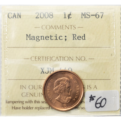 SOLD Canada 2008 Magnetic 1 Small Cent Coin - ICCS MS-67 Red