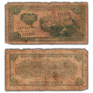 SOLD Rwanda-Burundi 1960 20 Twenty Francs Note P #3a - Filler