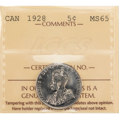 Canada 1928 5 Cents Nickel Coin - ICCS MS-65