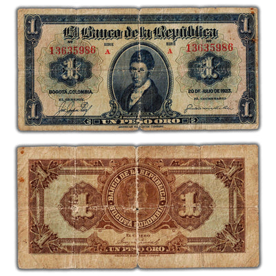 SOLD Colombia 1923 1 One Peso Oro Note P #361a - Scarce Issue - Light Edge Tear