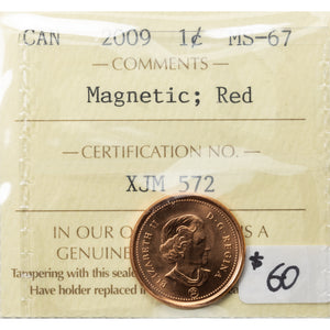 SOLD Canada 2009 Magnetic 1 Small Cent Coin - ICCS MS-67 Red