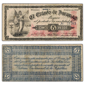 Mexico El Estado De Durango 1914 5 Five Pesos Note - Circulated