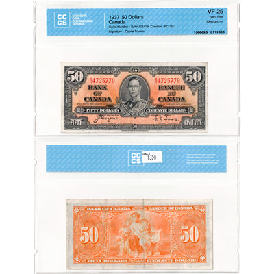 SOLD $50 1937 Bank of Canada Note Coyne-Towers B/H Prefix BC-26c - CCCS VF-25
