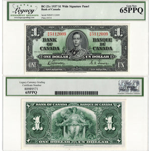 $1 1937 Bank of Canada Note Gordon-Towers M/M Prefix BC-21c - Legacy UNC-65 PPQ