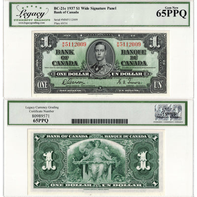 $1 1937 Bank of Canada Note Gordon-Towers M/M Prefix BC-21c - Legacy UNC-65 PPQ
