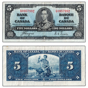 SOLD $5 1937 Bank of Canada Note Coyne-Towers E/S Prefix BC-23c - VF