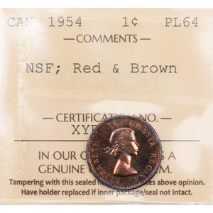 SOLD Canada 1954 NSF 1 Small Cent Coin - ICCS Proof-Like PL-64 Red & Brown