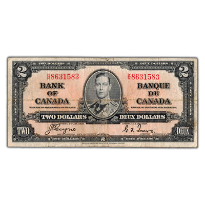 $2 1937 Bank of Canada Note Coyne-Towers K/R Prefix BC-22c - Fine (tear)