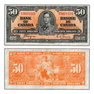 SOLD $50 1937 Bank of Canada Note Coyne-Towers B/H Prefix BC-26c - VF+