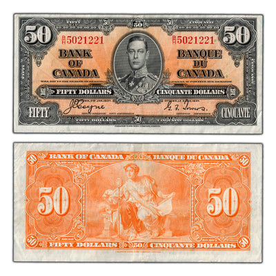 SOLD $50 1937 Bank of Canada Note Coyne-Towers B/H Prefix BC-26c - VF+