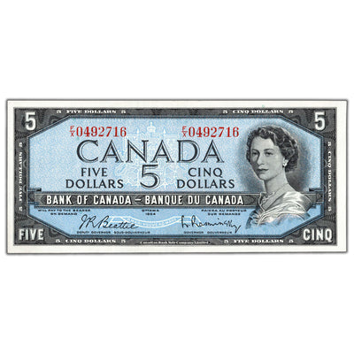 $5 1954 Bank of Canada Note Beattie-Rasminsky F/X Prefix BC-39b - Uncirculated