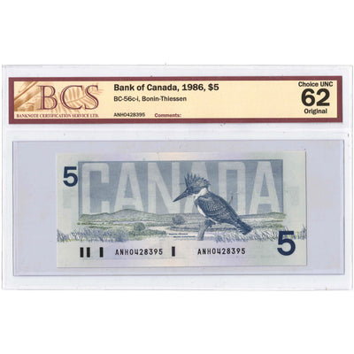 $5 1986 Bank of Canada Note Bonin-Thiessen ANH Prefix BC-56c-i - BCS UNC-62
