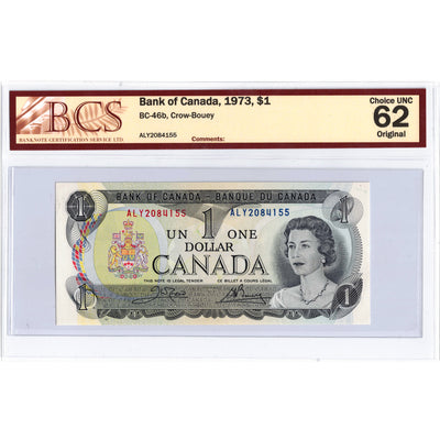 SOLD $1 1973 Bank of Canada Note Crow-Bouey ALY Prefix BC-46b - BCS UNC-62