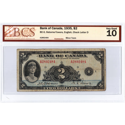 SOLD $2 1935 Bank of Canada Note English Text BC-3 - BCS VG-10