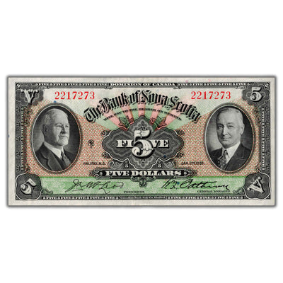 SOLD $5 1935 Bank of Nova Scotia Canada Chartered Note #550-36-02 - EF/AU