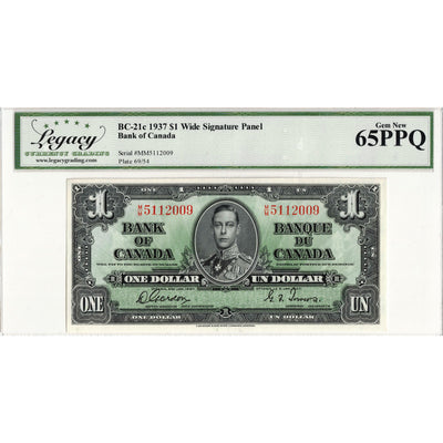 $1 1937 Bank of Canada Note Gordon-Towers M/M Prefix BC-21c - Legacy UNC-65 PPQ