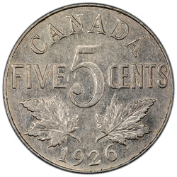 Canada 1926 Near 6 5c Five Cents Coin Key Date! - Very Fine
