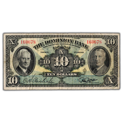 SOLD $10 1938 Dominion Bank Canada Chartered Note CH #220-28-04