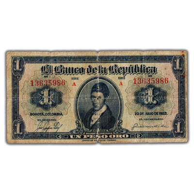 SOLD Colombia 1923 1 One Peso Oro Note P #361a - Scarce Issue - Light Edge Tear