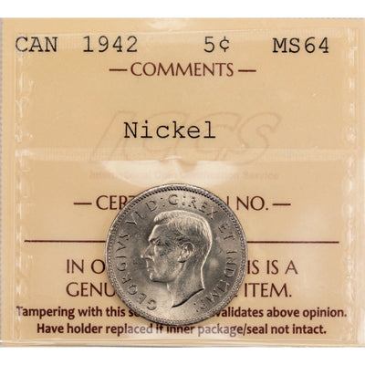 Canada 1942 5 Cents Nickel Coin - ICCS MS-64