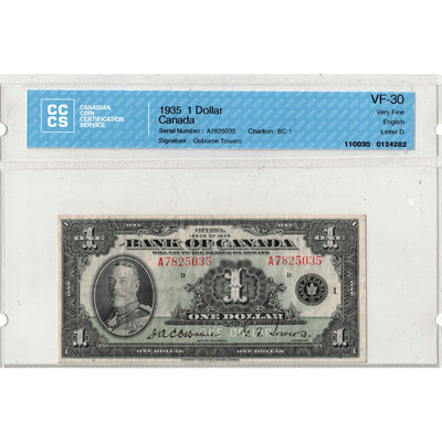$1 1935 Bank of Canada Note English Text Letter A BC-1 - CCCS VF-30