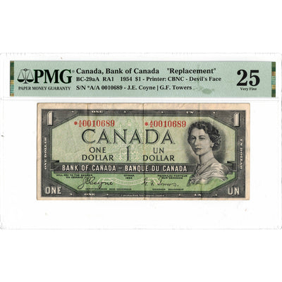 SOLD $1 1954 Bank of Canada Note Devil Face *A/A Replacement Prefix BC-29aA - PMG VF-25