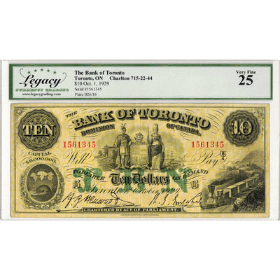 SOLD $5 1929 Bank of Toronto Canada Chartered Note #715-22-44 - Legacy VF-25