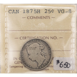 SOLD Canada 1875-H 25 Cents Quarter Silver Coin - ICCS VG-8 Key Date