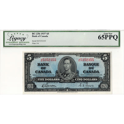 $5 1937 Bank of Canada Note Gordon-Towers J/C Prefix BC-23b - Legacy Gem UNC-65 PPQ
