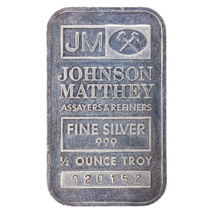 SOLD Johnson Matthey JM 1/2oz .999 Fine Silver Bar - JM Back