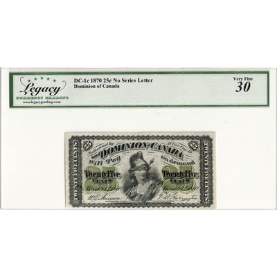 SOLD 25 Cents 1870 Dominion of Canada Shinplaster Note Plain DC-1c - Legacy VF-30