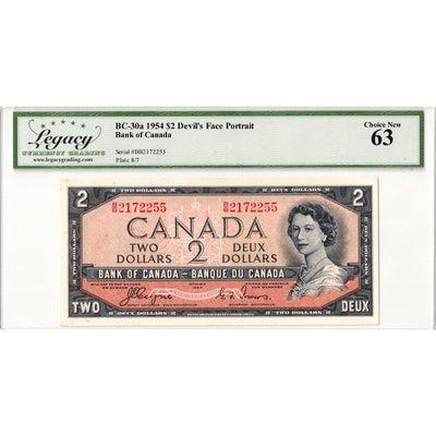 $2 1954 Bank of Canada Note Devil Face B/B Prefix BC-30a - Legacy UNC-63