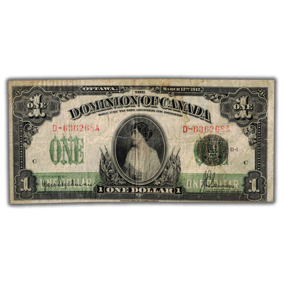 SOLD $1 1917 Dominion of Canada Note Seal Over One Series D DC-23c - Stained/Residue