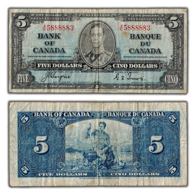 $5 1937 Bank of Canada Note Coyne-Towers X/C Prefix BC-23c - Near Radar Serial