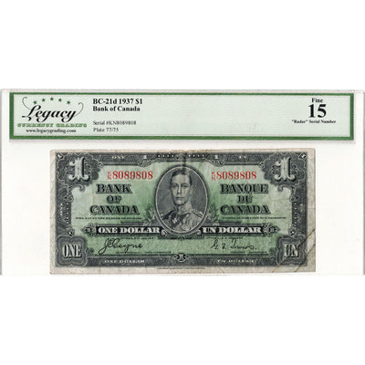 $1 1937 Bank of Canada Note Radar Serial 8089808 BC-21d - Legacy F-15