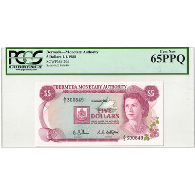 Bermuda 1988 $5 Five Dollars Note P #29d - PCGS UNC-65 PPQ