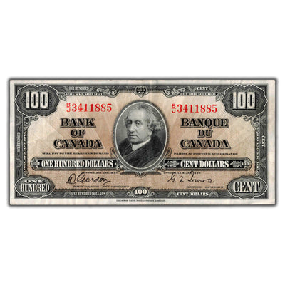 SOLD $100 1937 Bank of Canada Note Gordon-Towers B/J Prefix BC-27b - VF