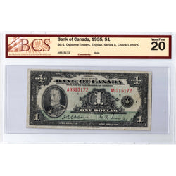 $1 1935 Bank of Canada Note English Text Letter 'A' BC-1 - BCS VF-20