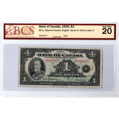 $1 1935 Bank of Canada Note English Text Letter 'A' BC-1 - BCS VF-20