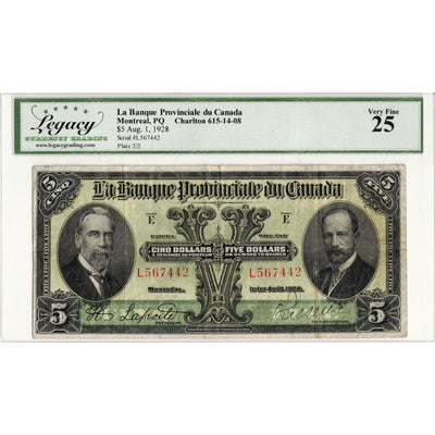 SOLD $5 1928 La Banque Provinciale du Canada Chartered Note #615-14-08 - Legacy VF-25