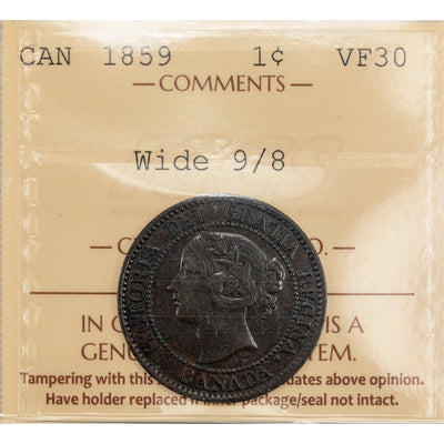 Canada 1859 Wide 9/8 One Large Cent Coin - ICCS VF-30
