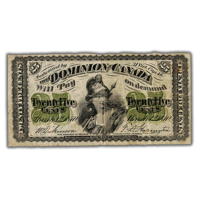 25 Cents 1870 Dominion of Canada Shinplaster Note Plain DC-1c - Fine